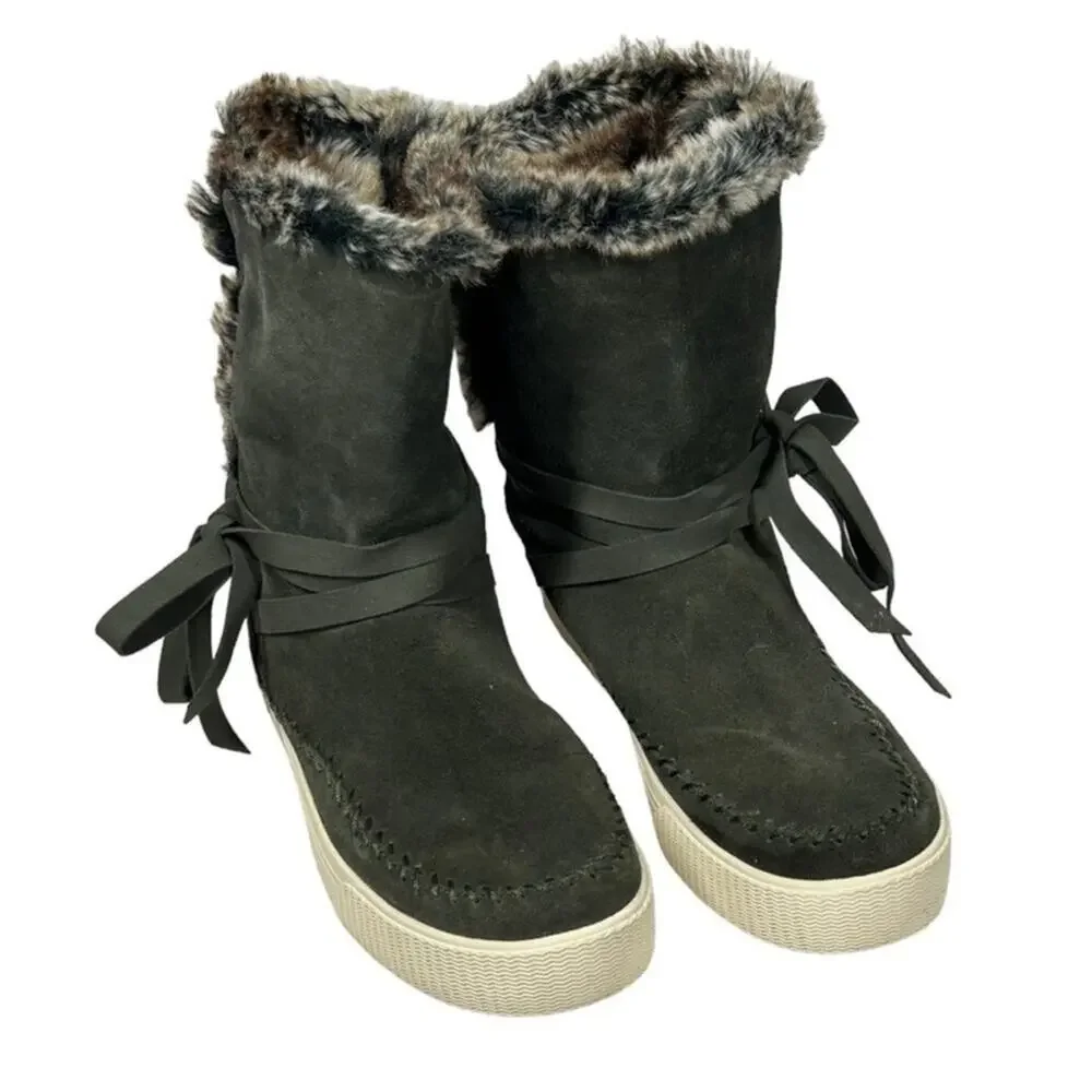 TOMS Vista Waterproof Faux Fur Lined Suede Boots Forest Green Size 8.5